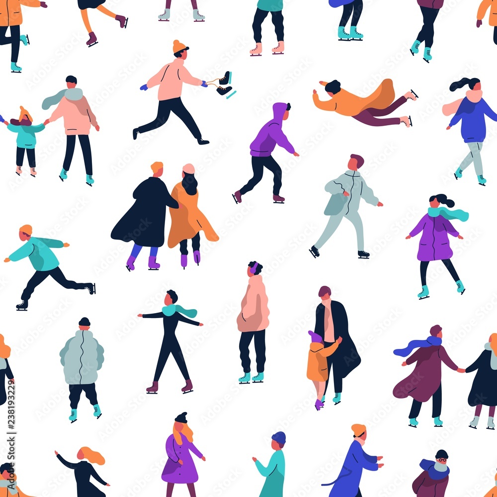 Seamless pattern with people dressed in winter clothes ice skating on rink. Backdrop with men, women and children in seasonal outerwear on ice skates. Vector illustration in flat cartoon style.