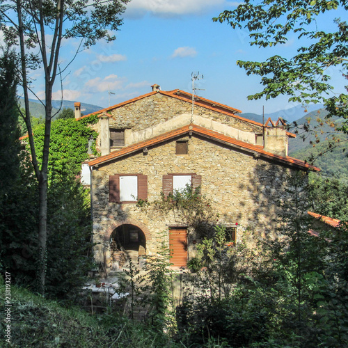 Traditional stone mountain house in green forest at Prats de Mollo la Preste, Pyrenees-Orientales in southern France photo