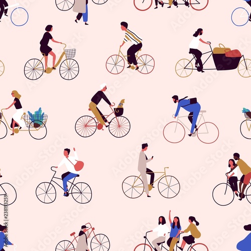 Seamless pattern with people riding bikes or bicyclists. Backdrop with men and women on bicycles. Colorful vector illustration in flat cartoon style for wrapping paper, textile print, wallpaper.