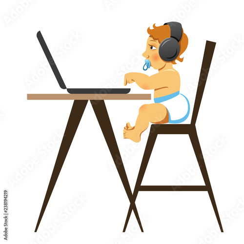 A little kid sitting at the table with a laptop coding. Cartoon vector illustration