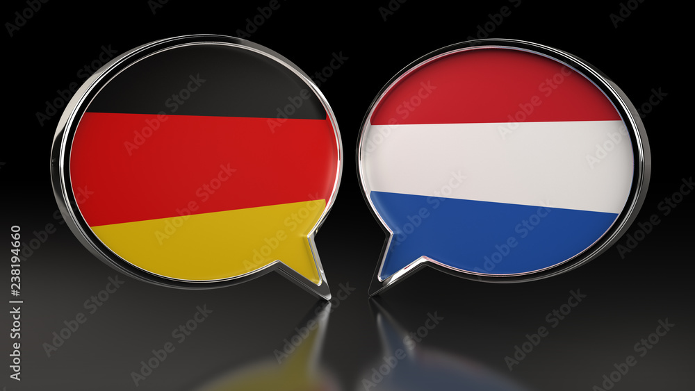 Germany and Netherlands flags with Speech Bubbles. 3D illustration Germany and Netherlands flags with Speech Bubbles. 3D illustration