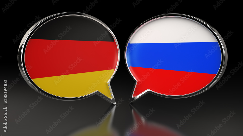 Germany and Russia flags with Speech Bubbles. 3D illustration Germany and Russia flags with Speech Bubbles. 3D illustration