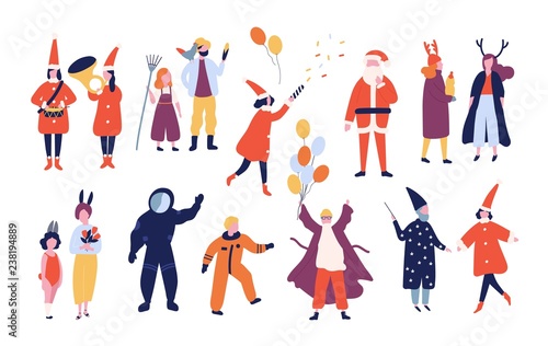 Bundle of happy men and women dressed in different festive costumes for holid...
