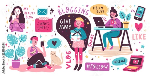 Blogging and vlogging set. Cute funny girls or bloggers creating content and posting it on social media, blog or vlog. Bundle of design elements isolated on white background. Flat vector illustration.