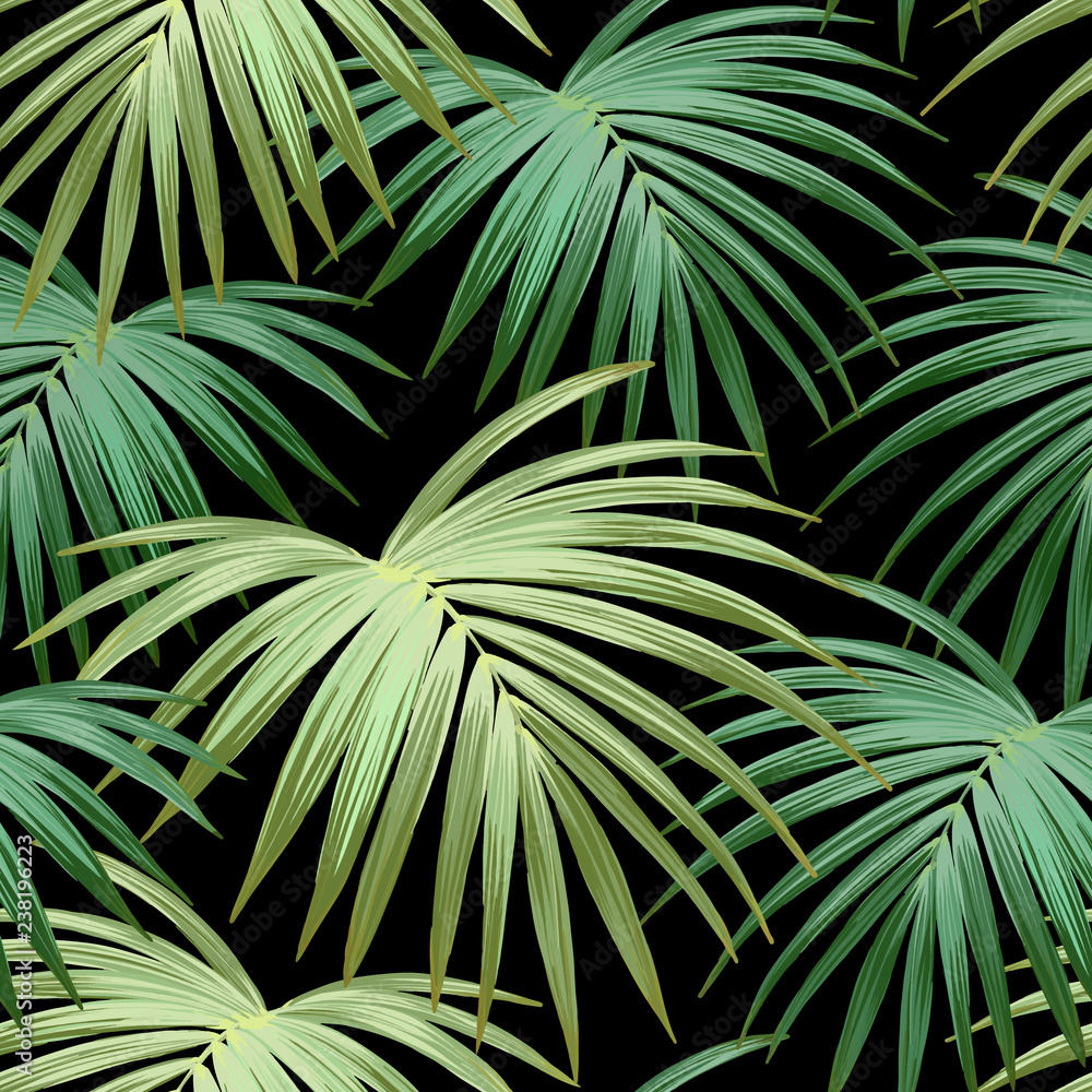 Fototapeta premium Dark tropical background with jungle plants. Seamless vector tropical pattern with green palm leaves.