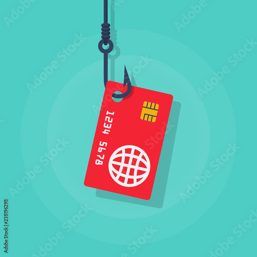 Credit card on a hook. Theft of bank data. Credit card fraud. Phishing concept. Fishing hook. Vector illustration flat design. Isolated on background.
