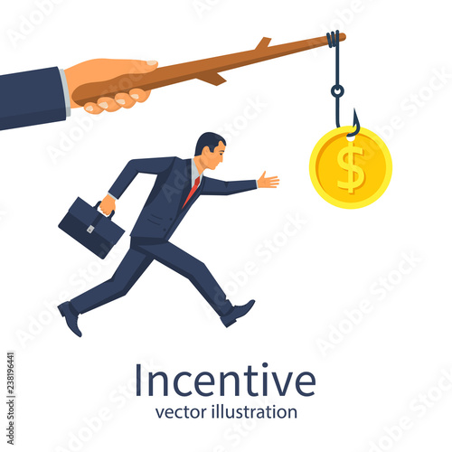 Incentive concept. Business metaphor. Personnel management leadership. Motivate people. Big hand holds gold coin on stick, businessman running for bait. Vector illustration flat design. Attract earn. 