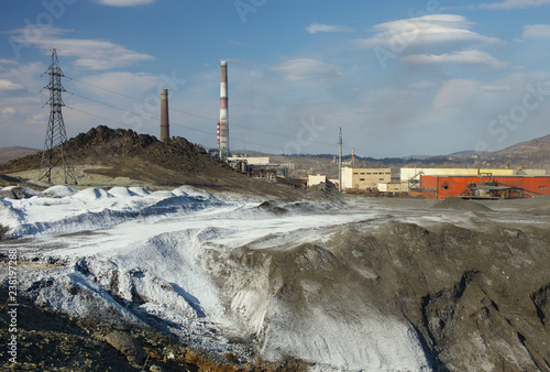 Area with polluted environment on a background of chimneys copper plant. Karabash zone of ecological disaster.