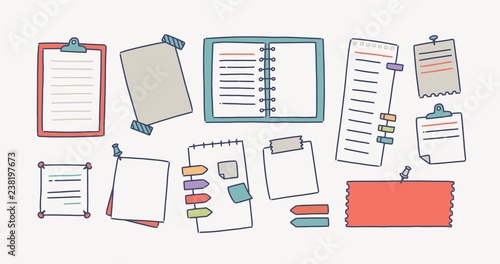 Collection of notebooks and paper attached with pushpins and adhesive tape for making writing notes isolated on white background. Set of decorative design elements. Colorful vector illustration.