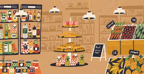 Interior of modern grocery store with products lying on shelves and price tags. Assortment of food at supermarket. Retail shop or indoor market. Colorful vector illustration in flat cartoon style.