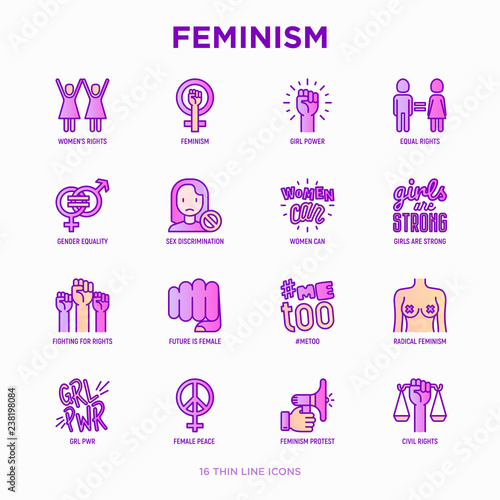 Feminism thin line icons set: women's rights, girl power, gender equality, sex dicrimination, me too, protest, girls are strong. Modern vector illustration.