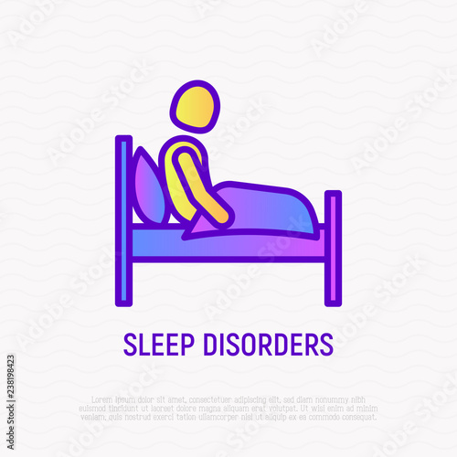 Insomnia thin line icon: sleep disorders, tired man sitting in his bed. Modern vector illustration.