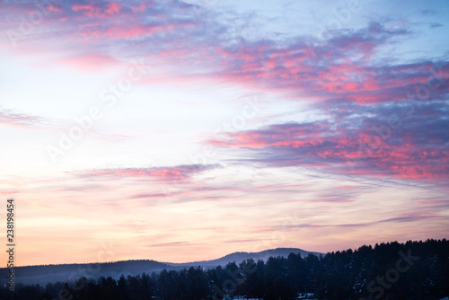 Sky, Bright Blue, Pink Colors Sunset. Instant Photo, Toned Image