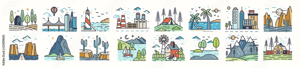 Set of landscape icons or symbols. Collection of beautiful natural sceneries - beach, forest camp, countryside, desert, city, industrial area. Colorful vector illustration in modern line art style.