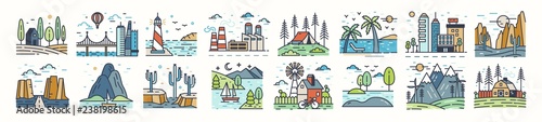 Set of landscape icons or symbols. Collection of beautiful natural sceneries - beach, forest camp, countryside, desert, city, industrial area. Colorful vector illustration in modern line art style.