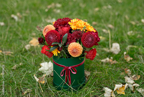 Flower arrangement in a box, a pot with pink, red, orange, marsala for a girl as a gift with roses, asters, freesia, Eucalyptus on a background of lawn and greenery
