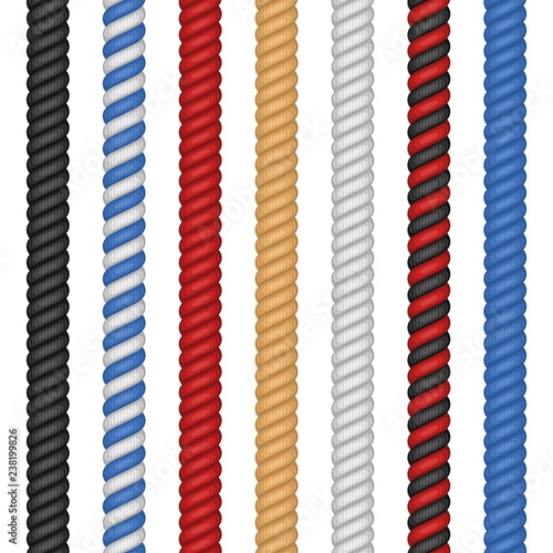 Set of different colorful ropes isolated on white background. Nautical twisted Rope twine in flat cartoon style. Vector illustration