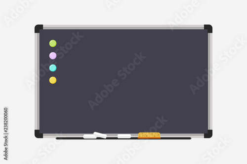 Office board. Concept for school or business presentations. Empty board with magnets and markers. White school board. Vector illustration.