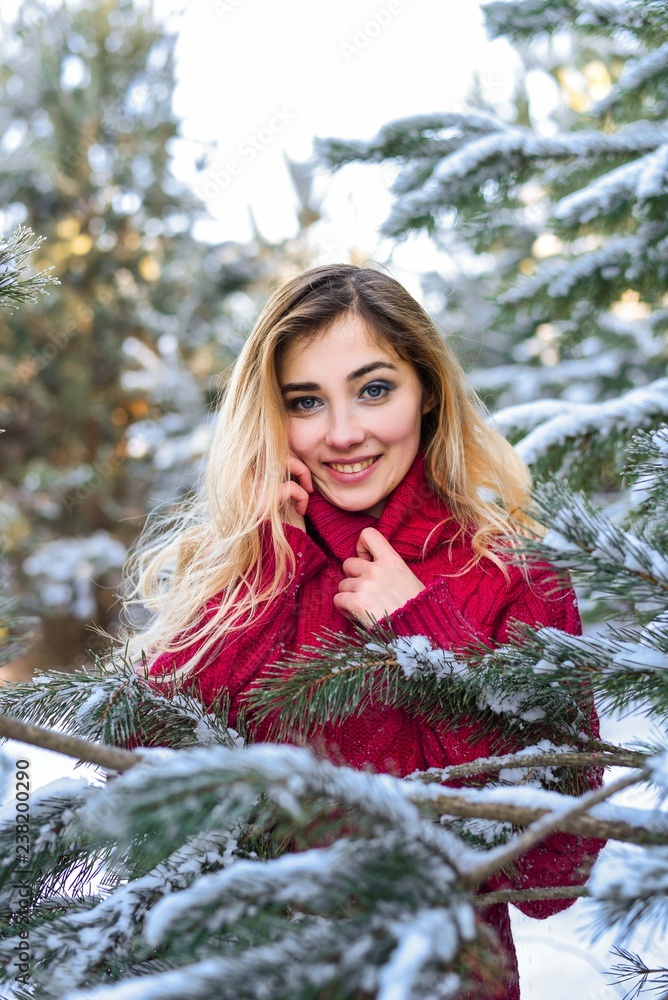 Outdoor waist up portrait. Young beautiful happy smiling girl walking on pine forest . Model with blue eyes,wearing stylish sweater. Magic snowfall. Space for text