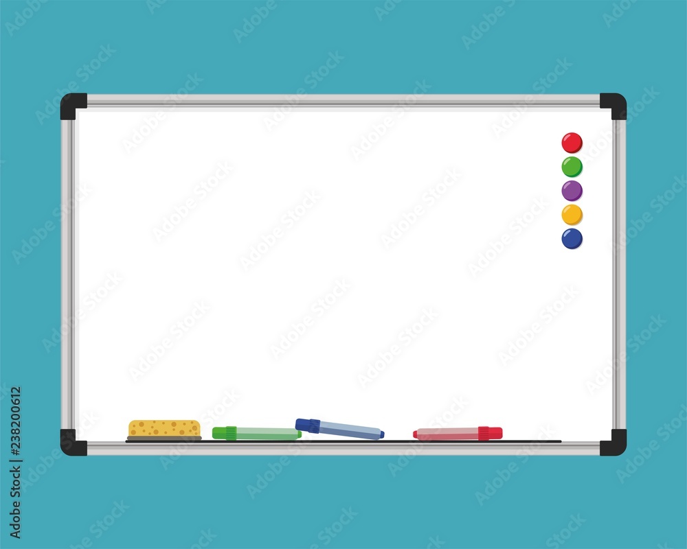 Obraz premium Office board. Concept for school or business presentations. Empty board with magnets and markers. White school board. Vector illustration.