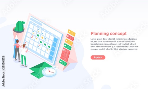 Web banner template with people standing in front of giant schedule or timetable. Planning, task management, organization of time. Colorful isometric vector illustration for advertisement, promotion.