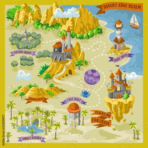 Fantasy adventure map for cartography with colorful doodle hand draw vector illustration in desert land photo