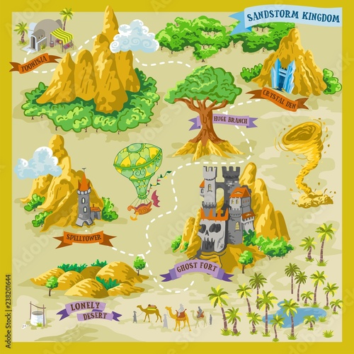 Fantasy adventure map for cartography with colorful doodle hand draw vector illustration in desert land photo