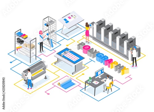 Printshop or printing service center with men and women working with plotters, offset and inkjet printers and other electronic equipment. Creative trendy colorful isometric vector illustration.