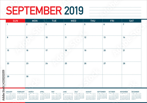 September 2019 desk calendar vector illustration