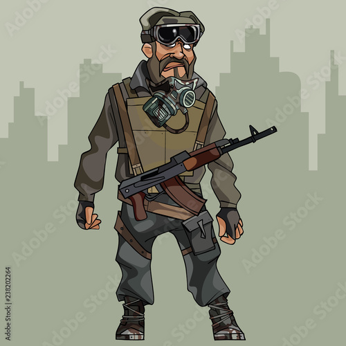 cartoon apocalypse man with respiratory mask and machine gun