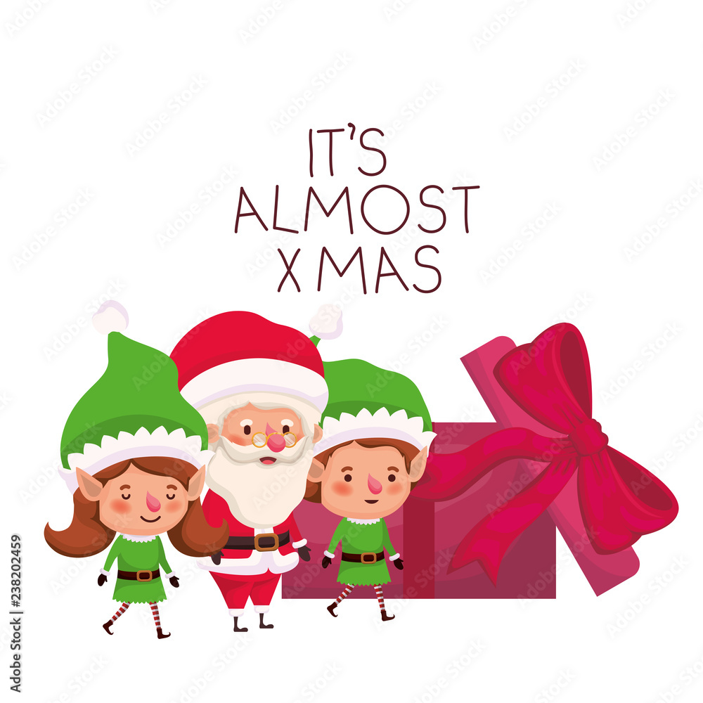 couple of elves and santa claus with gift box couple of elves and santa claus with gift box