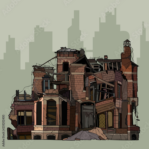 painted ruins of a two story brick mansion