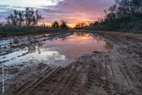 Puddle on a path in the field in which the sunset is reflected, with orange, yellow and blue colors.