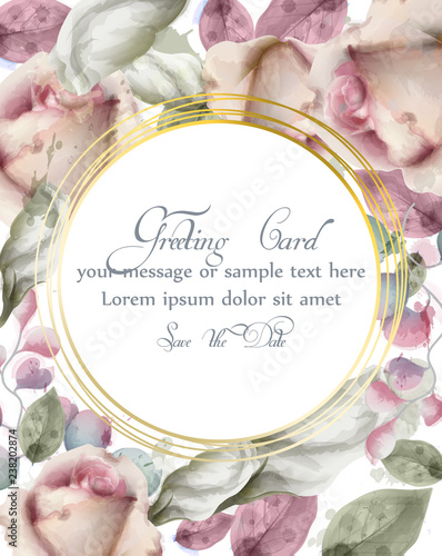 Greeting card with watercolor flowers background Vector. Golden abstract roun...