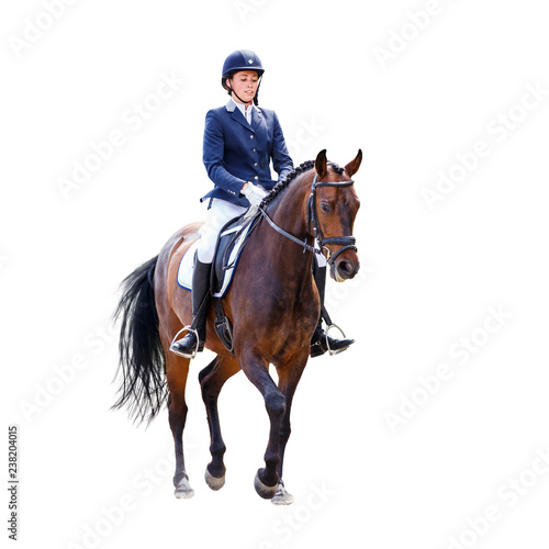 Young dressage woman on horse isolated on white © skumer