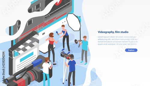 Website template with group of people shooting video and place for text. Videography service or film production studio. Trendy colorful isometric vector illustration for advertisement, promotion.