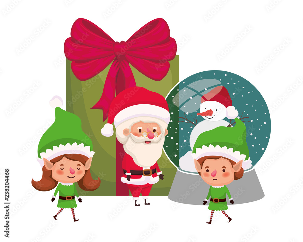couple of elves and santa claus with gifts boxs couple of elves and santa claus with gifts boxs