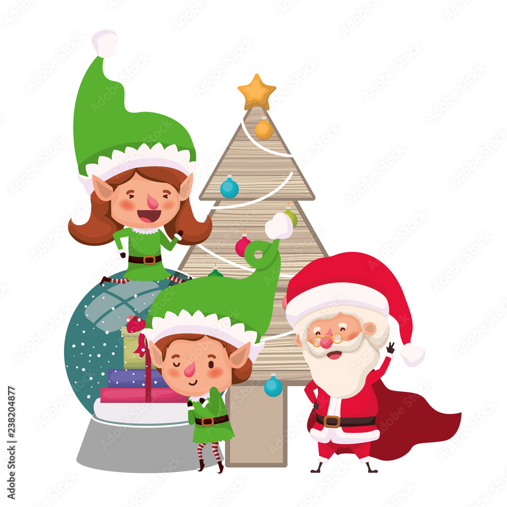 couple of elves and santa claus with christmas tree couple of elves and santa claus with christmas tree