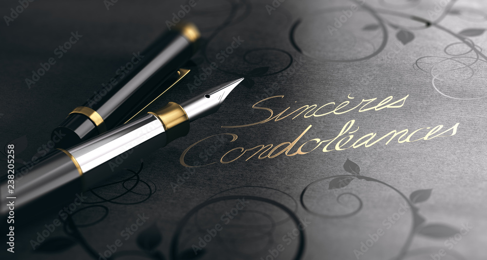 Fototapeta premium Sincères Condoléances en lettres d'or sur fond noir