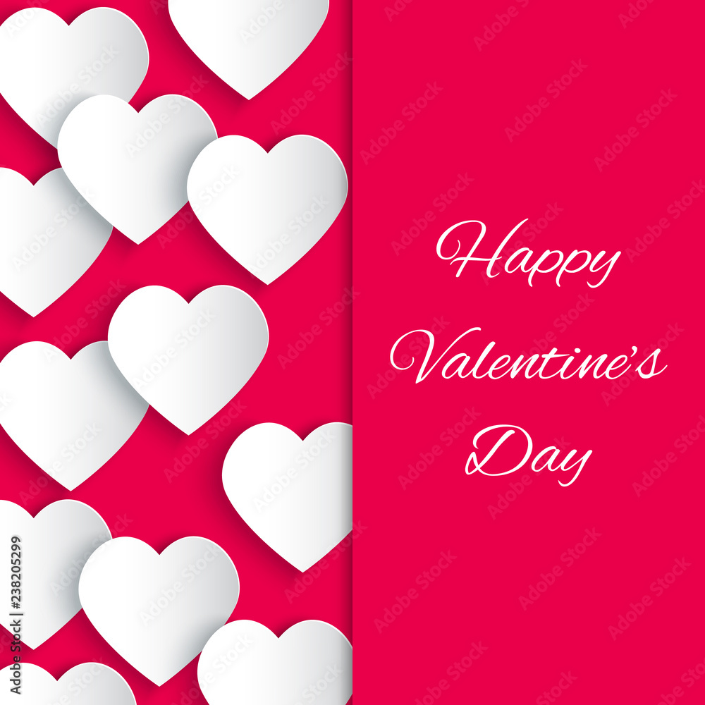 Paper 3D hearts pink background. Valentines Day card. Vector illustration