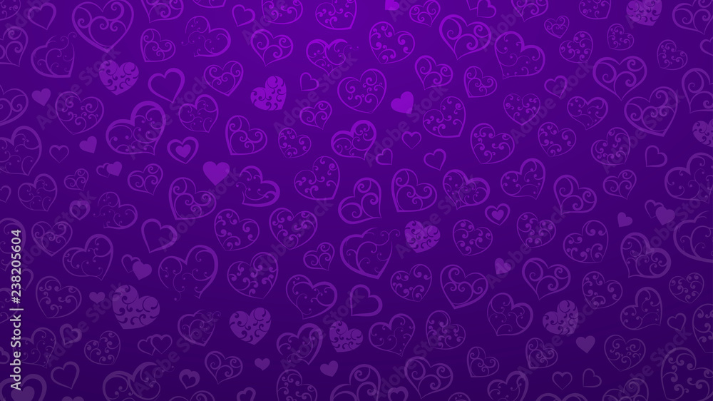 Background of small hearts with ornament of curls, in purple colors