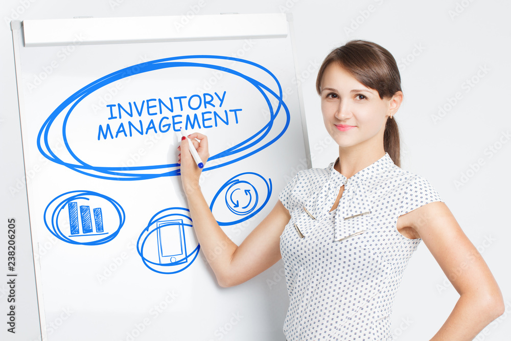 Business, Technology, Internet and network concept. A young entrepreneur writes on the blackboard the word: Inventory management Business, Technology, Internet and network concept. A young entrepreneur writes on the blackboard the word: Inventory management