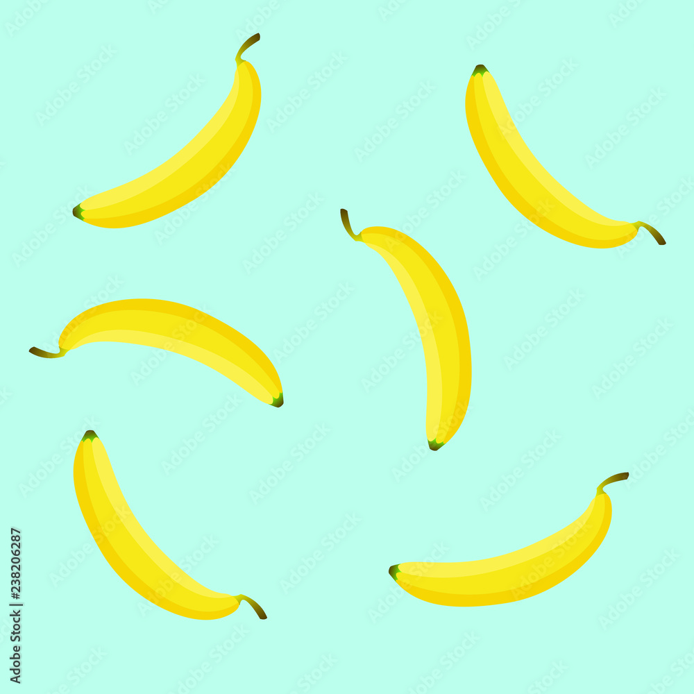 Banana pattern on blue light background. Vector background with yellow bananas. Fresh bananas.