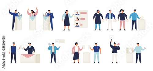 Political election process set. Bundle of people putting ballots in box at polling station, choosing candidate or voting, politicians taking part in debate, agitators. Isometric vector illustration. © Good Studio