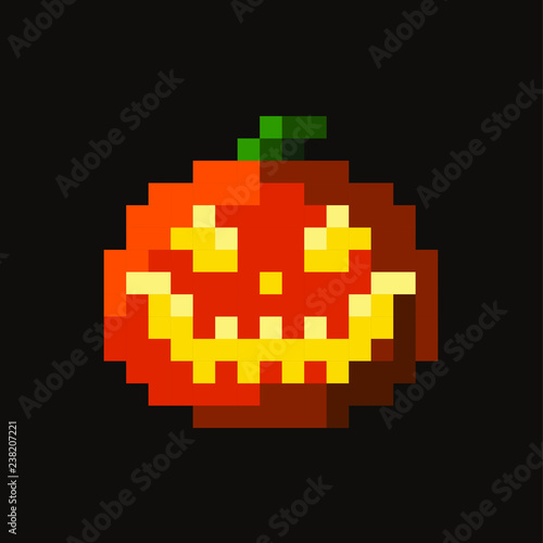 Black background with orange pixel pumpkin. Pixel art halloween pumpkin with spooky face on black background.