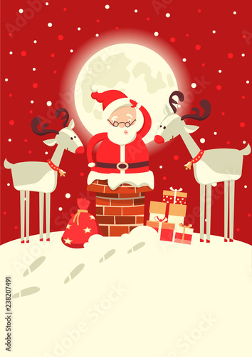 Santa Claus in the chimney with deers in the Christmas holiday winter moon night. Vector illustration