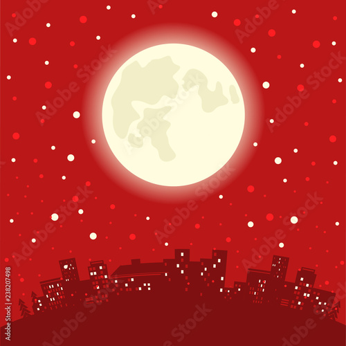 Santa Claus in the chimney with deers in the Christmas holiday winter night. Vector illustration