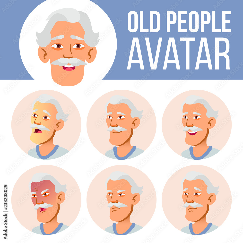 Asian Old Man Avatar Set Vector. Face Emotions. Senior Person Portrait. Elderly People. Aged. Facial, People. Active, Joy. Cartoon Head Illustration Asian Old Man Avatar Set Vector. Face Emotions. Senior Person Portrait. Elderly People. Aged. Facial, People. Active, Joy. Cartoon Head Illustration