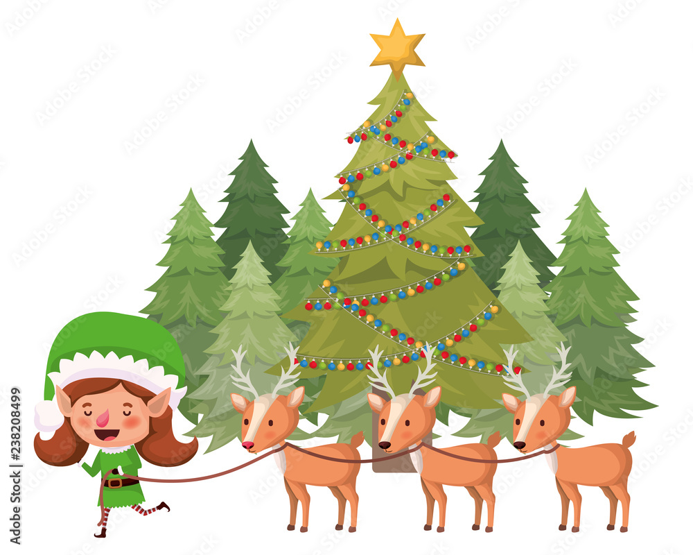 elf woman with reindeer and christmas tree elf woman with reindeer and christmas tree
