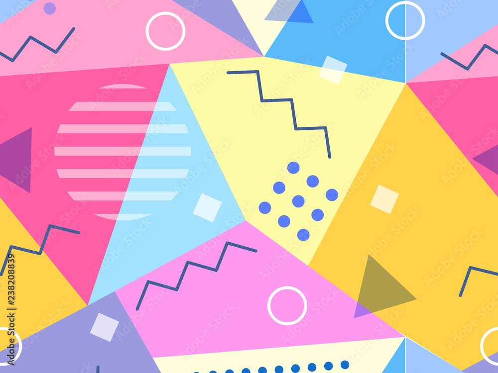Vector memphis style banner background. Colorful abstract geometric pattern.